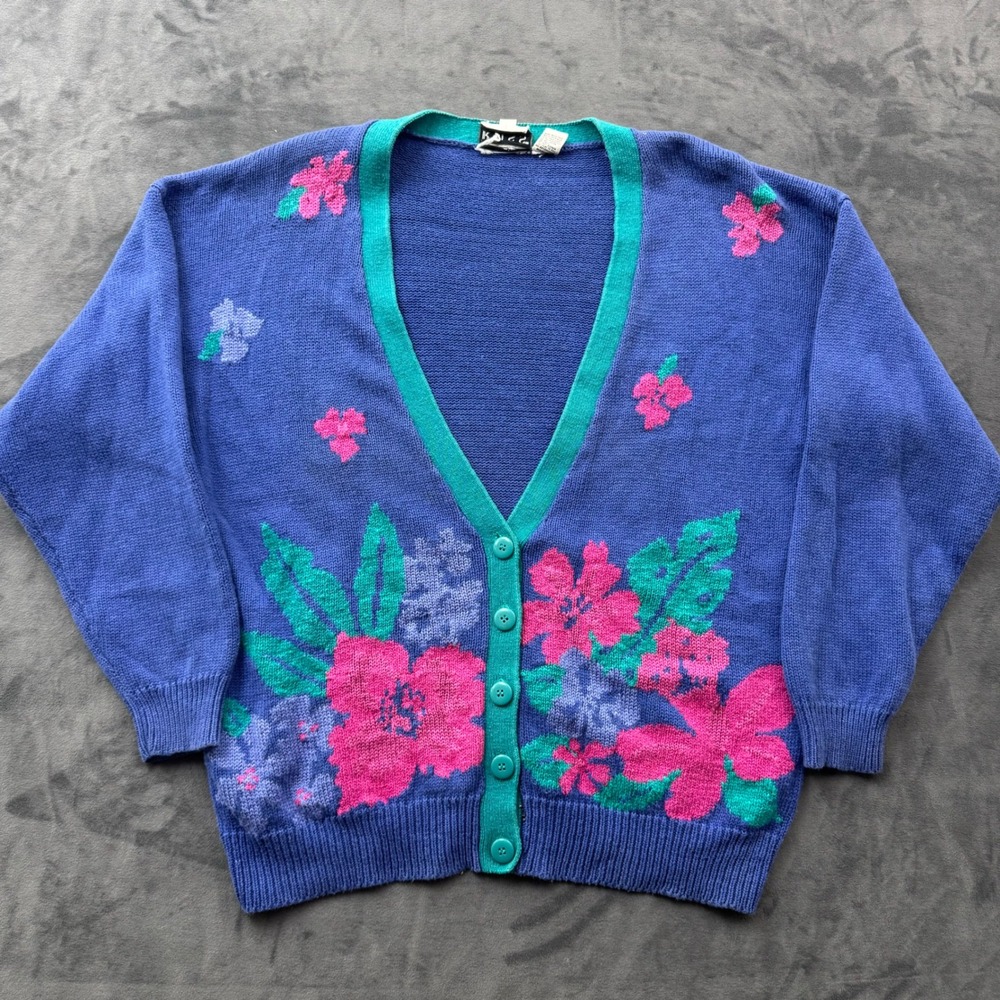 Vintage Russ Floral Knit Cardigan Blue Pink Ramie Cotton Blend Size Large